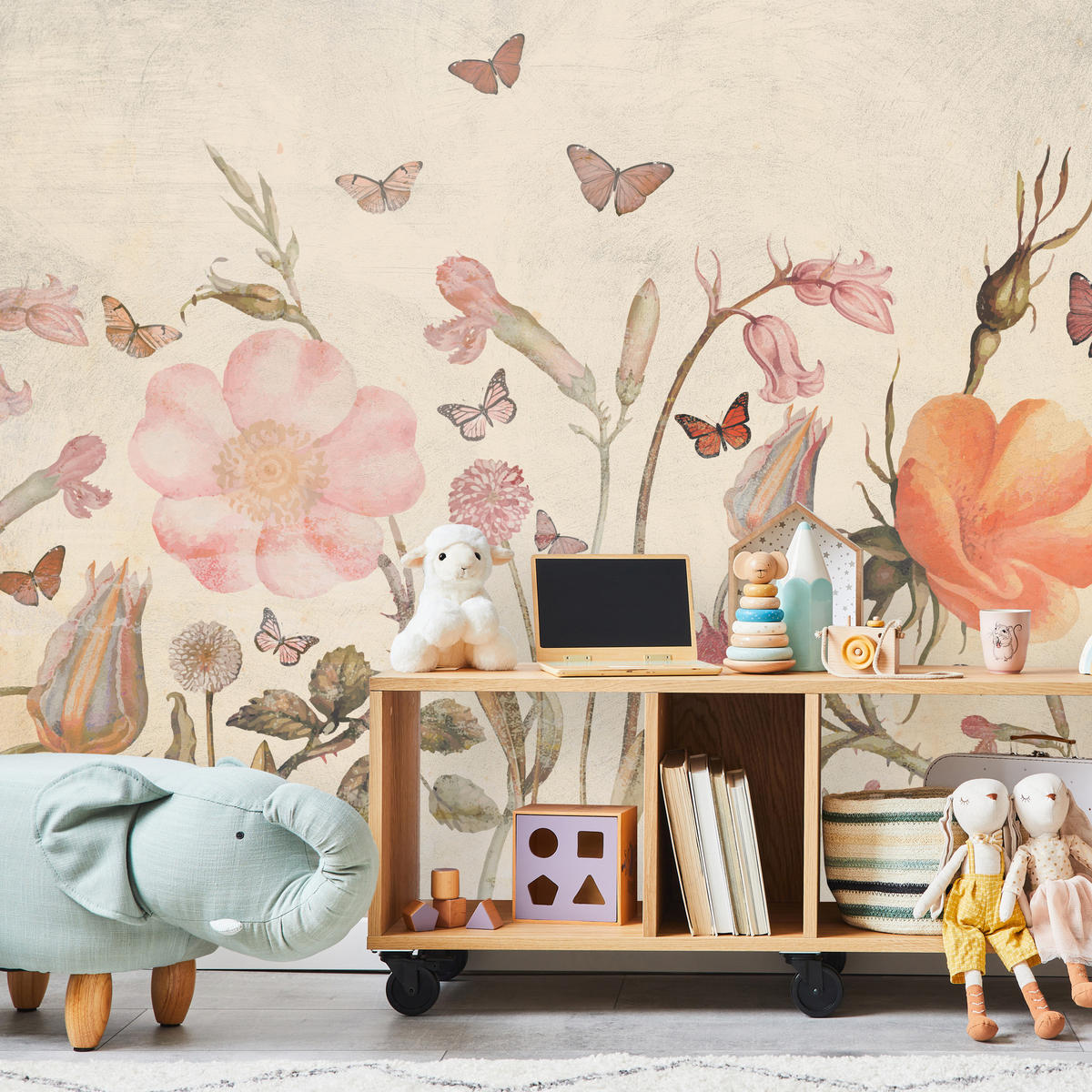 FOTOTAPETE für Kinderzimmer Wiesenblumen Aquarell Schmetterlinge Boho 500x350 - Beige/Rot, Papier (500/350cm) - Muralo