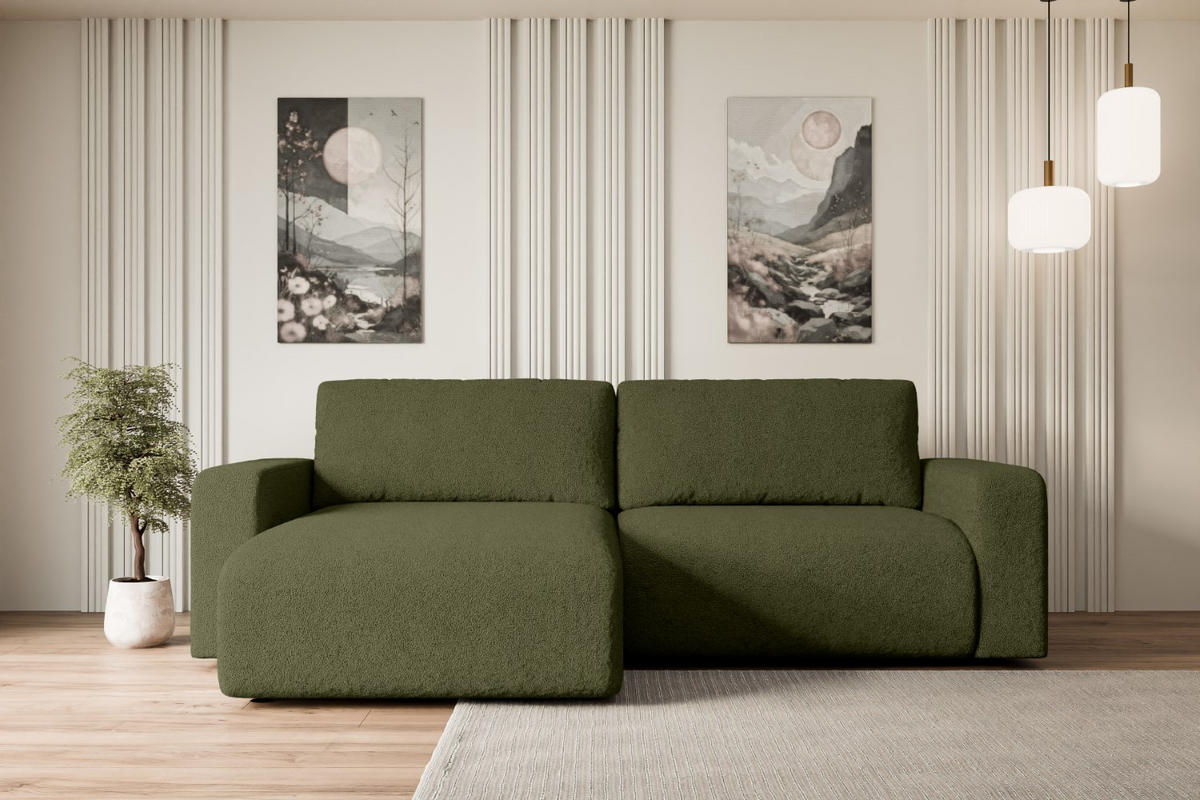 ECKSOFA mit Schlaffunktion und Bettkasten KLEEA-L - 247x143x83 cm Grün Bouclé - Schwarz/Grün, Holzwerkstoff/Kunststoff (247/143cm) - ALTDECOR