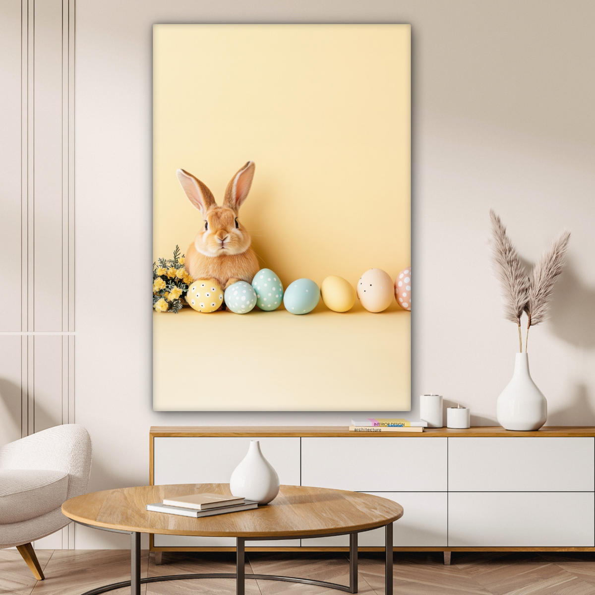 LEINWANDBILD Eier - Kaninchen - Pastellfarbtöne Deko Groß 90x140 cm - Hellgelb, Textil (90/140cm) - MuchoWow