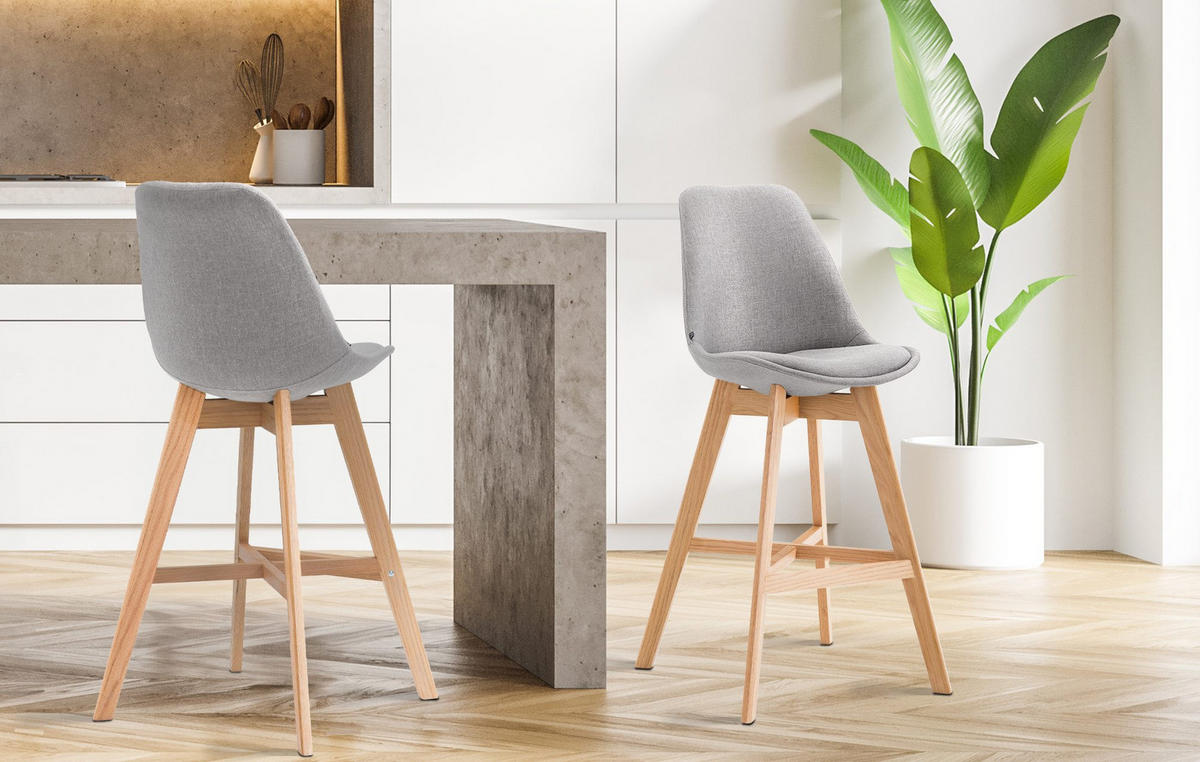 BARHOCKER 2er Set Stoff grau - Eukalyptusholzfarben/Grau, Holz/Textil (48/112/56cm) - CLP