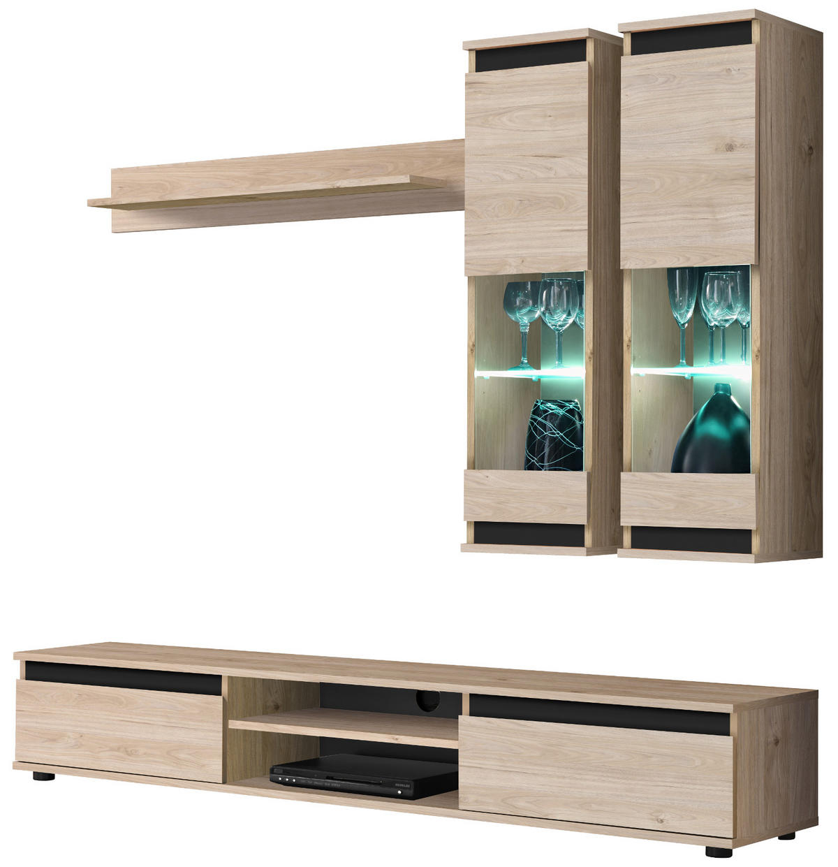 WOHNWAND Eiche Hickory, schwarz 4-teilig 175 cm, Schrankwand mit LED-Beleuchtung - Eichefarben/Schwarz, Glas/Holzwerkstoff (175/150/37cm) - Inn.Furn