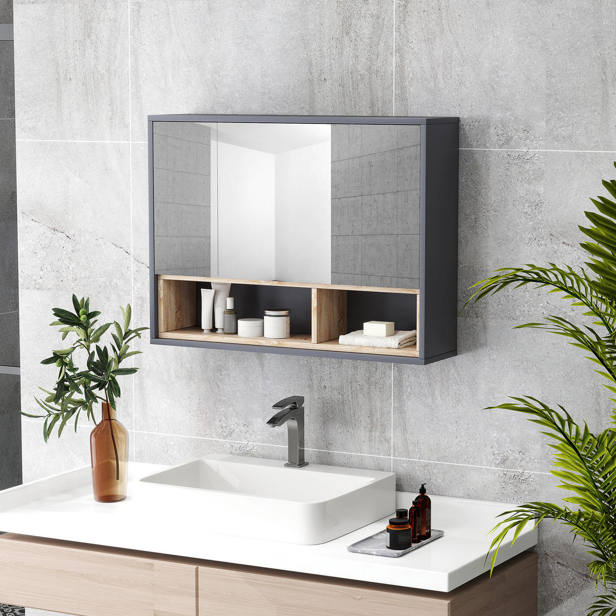 SPIEGELSCHRANK Grau 80/20/60 cm - Grau, Holzwerkstoff (80/60/20cm) - PANGIVO