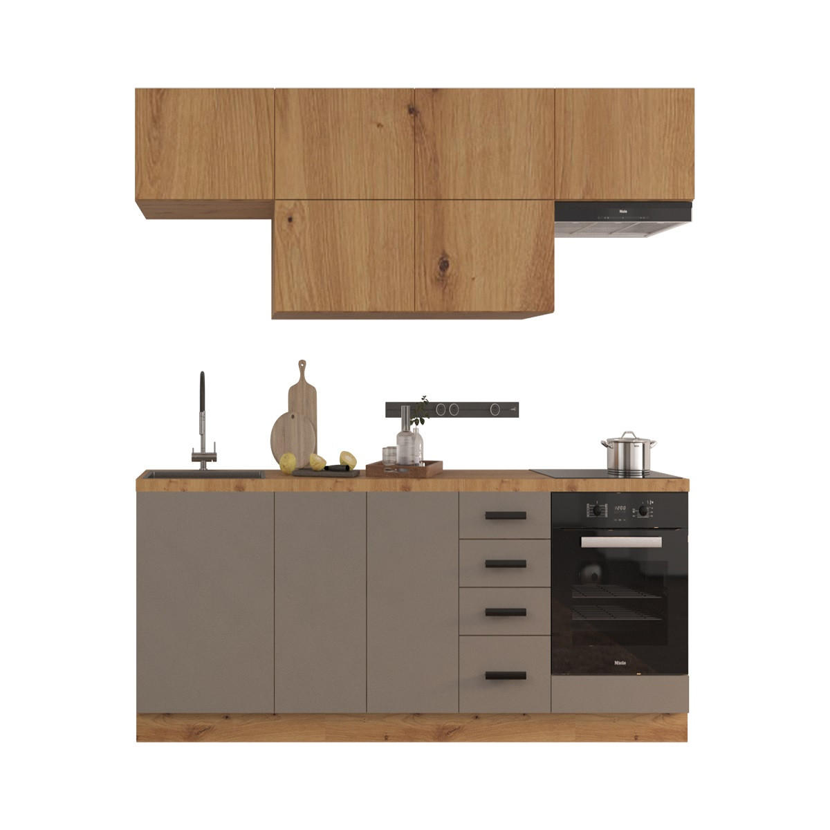 KÜCHENZEILE 240 - Langen KL2-M240 in Beige/Artisan Eiche - Beige/Schwarz, Holz/Metall (240/212/58cm)