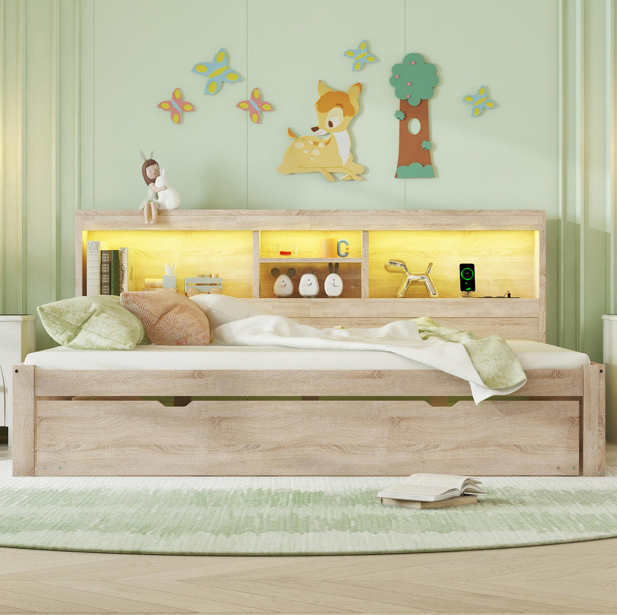 TAGESBETT 140/200 cm mit LED-Beleuchtung, Ausziehbett, USB und Stauraum - Naturfarben, Holzwerkstoff (140/200cm) - BEAOK