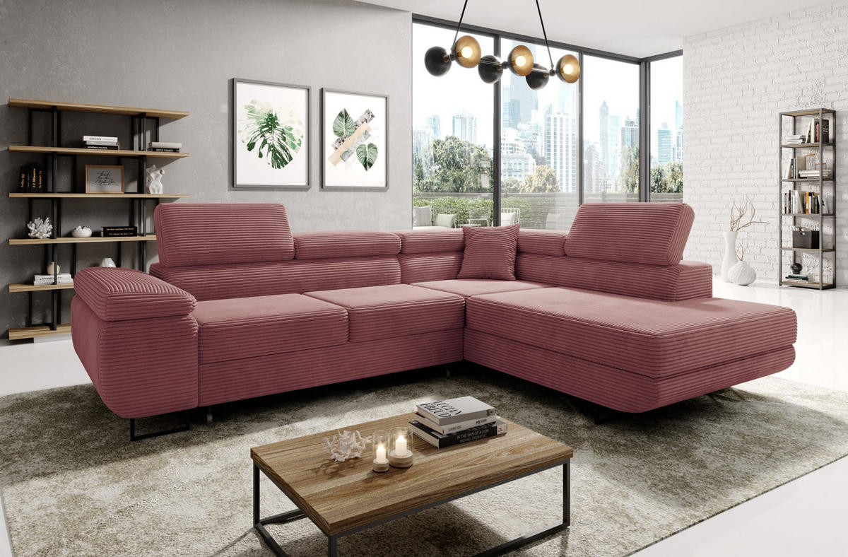 ECKSOFA ASTORP, Sofa aus Cord Rosa - Poso 27 - Pink/Silberfarben, Textil/Metall (277/203cm) - Moderno Meble