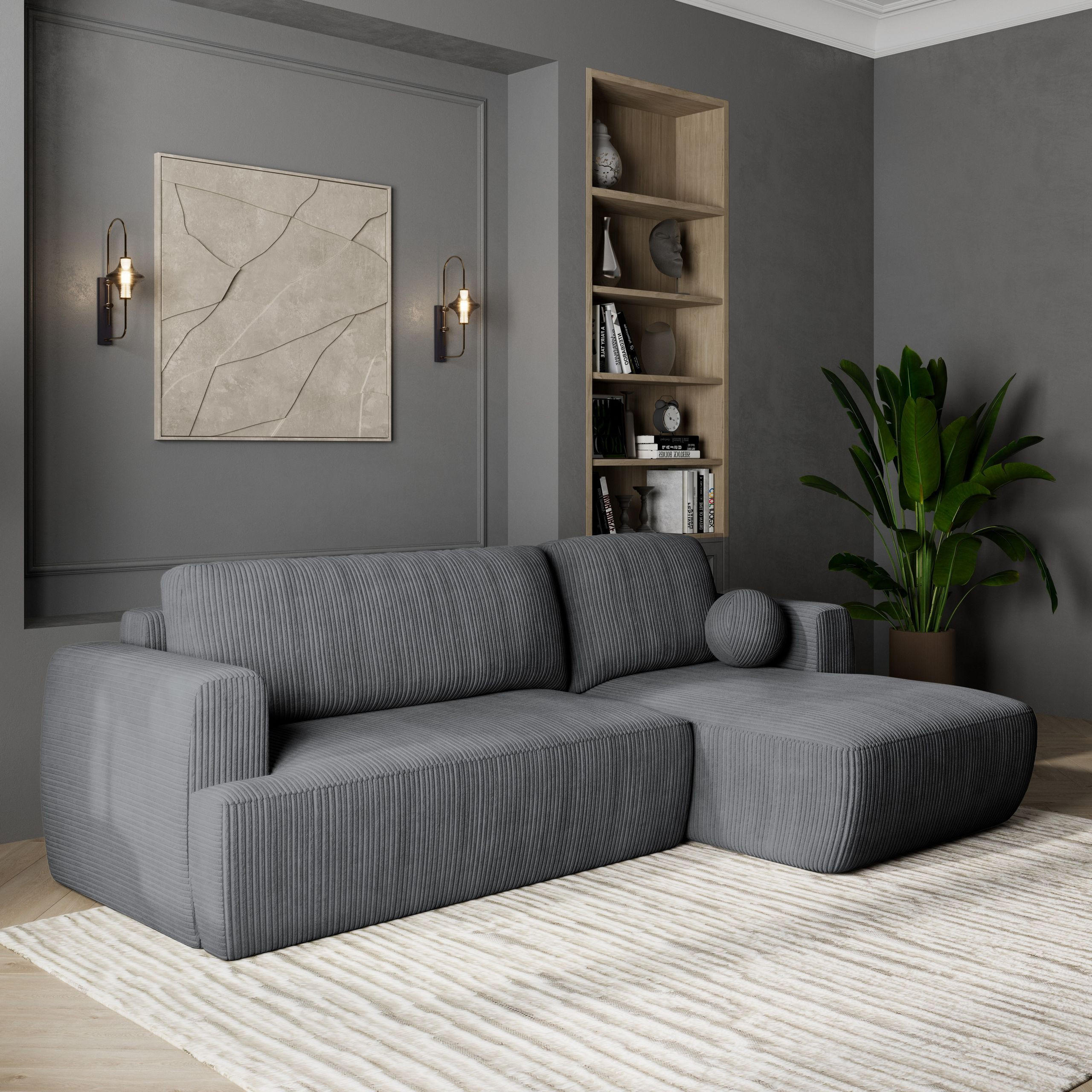 ECKSOFA SENTI P R-S Grau Kordstoff mit Schlaffunktion - Grau, Holz (246/148cm) - MASSENO