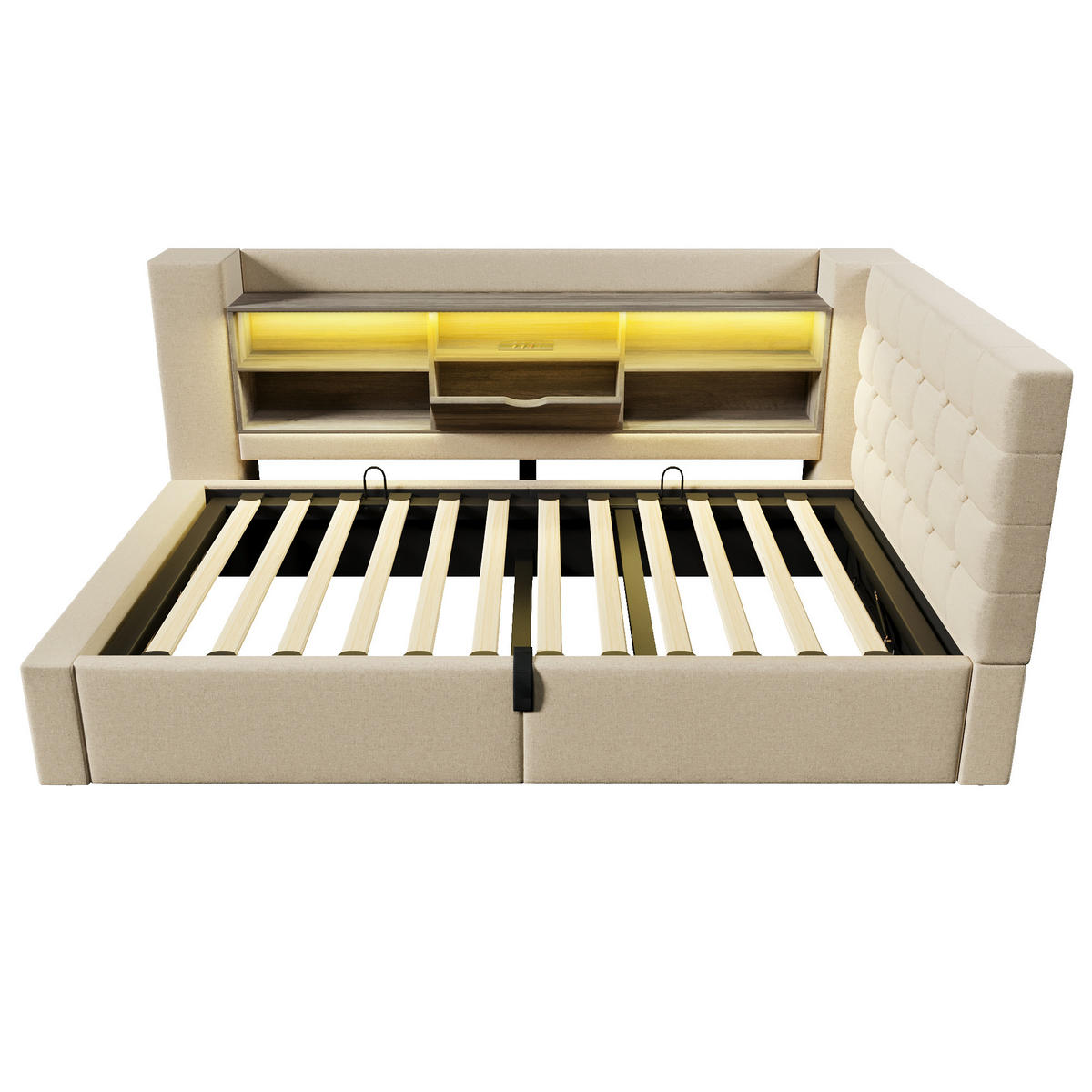 STAURAUMBETT 90/190 cm DE-00620, in Beige, LED-Beleuchtung und USB-Anschluss - Beige, Metall (90/190cm) - ComfortXL