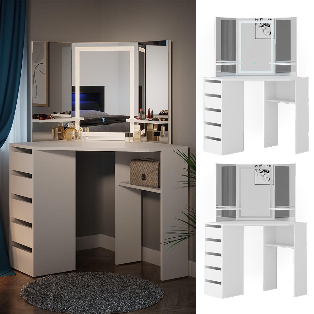 ECKSCHMINKTISCH Arielle Weiß 110 cm mit LED-Spiegel - Weiß, Holzwerkstoff (110/141.5/54cm) - Vicco