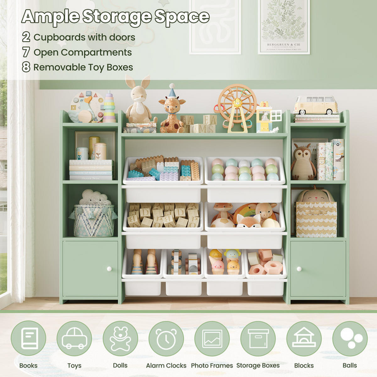 KINDERREGAL –Aufbewahrung für Spielzeug und Bücher, 138×29×94 cm, mit 8 Boxen und 9 Fächern - Weiß, Holz (29.6/94.3/138.8cm) - Kaket