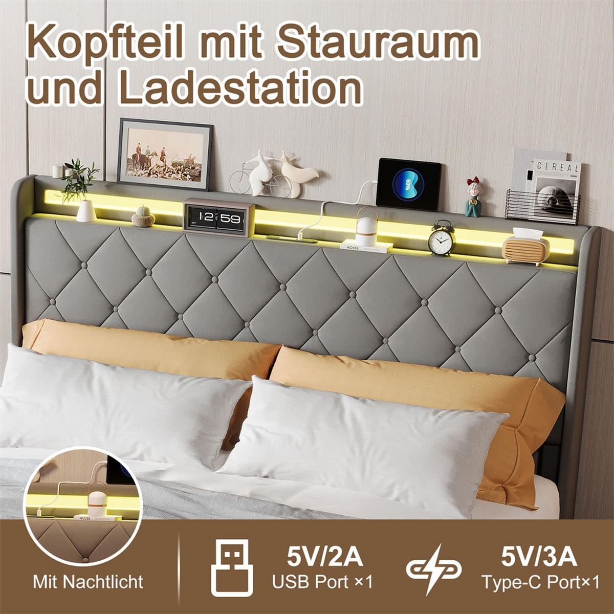 POLSTERBETT 140x200 cm mit 4 Schubladen & LED-Beleuchtung - USB-Anschlüsse - ohne Matratze - Grau - Grau, Textil (140/200cm) - DELFA