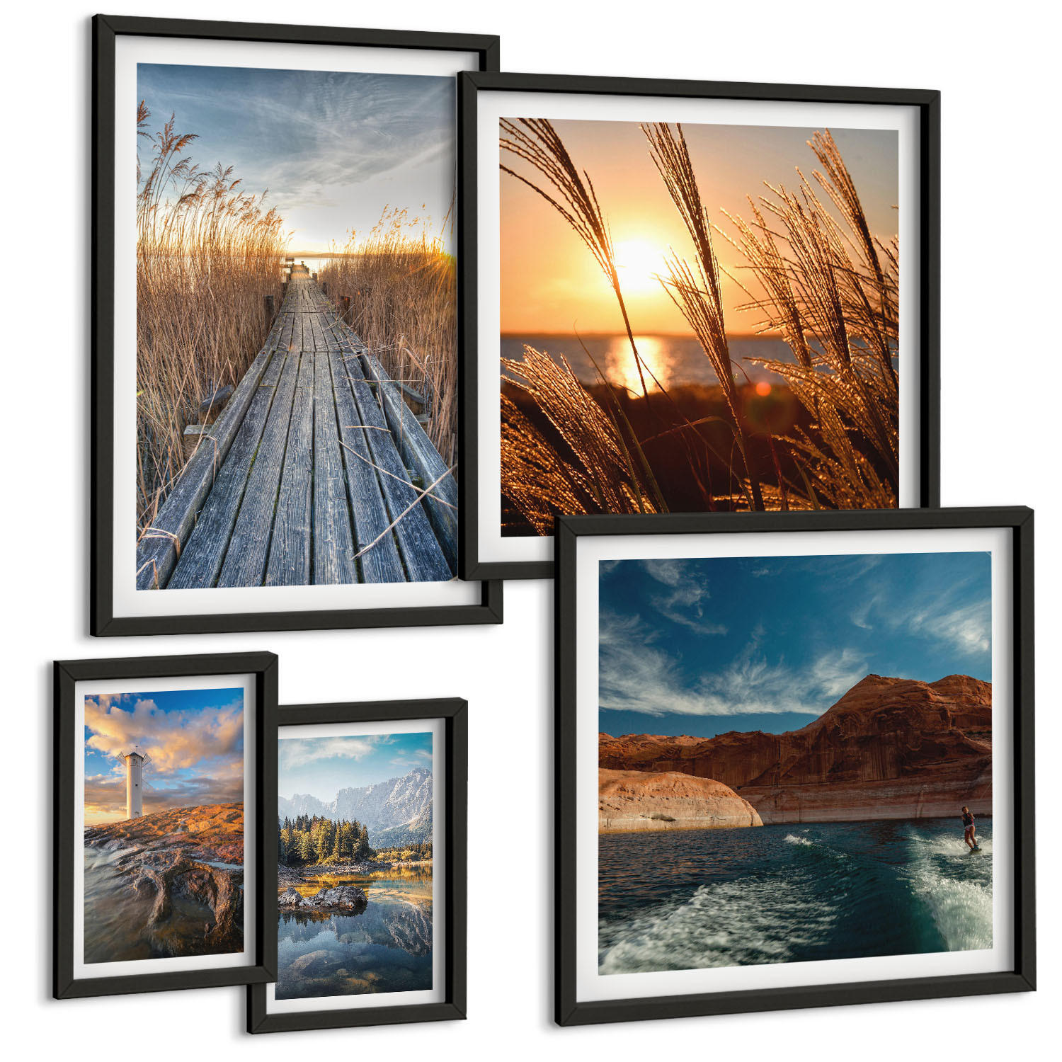 BILDER SET 5er Set - 50x50 cm & 20x30 cm & 40x60 cm Schwarzer Rahmen - Leuchtturm-Grassteg - Schwarz, Kunststoff (40/60cm) - TULUP