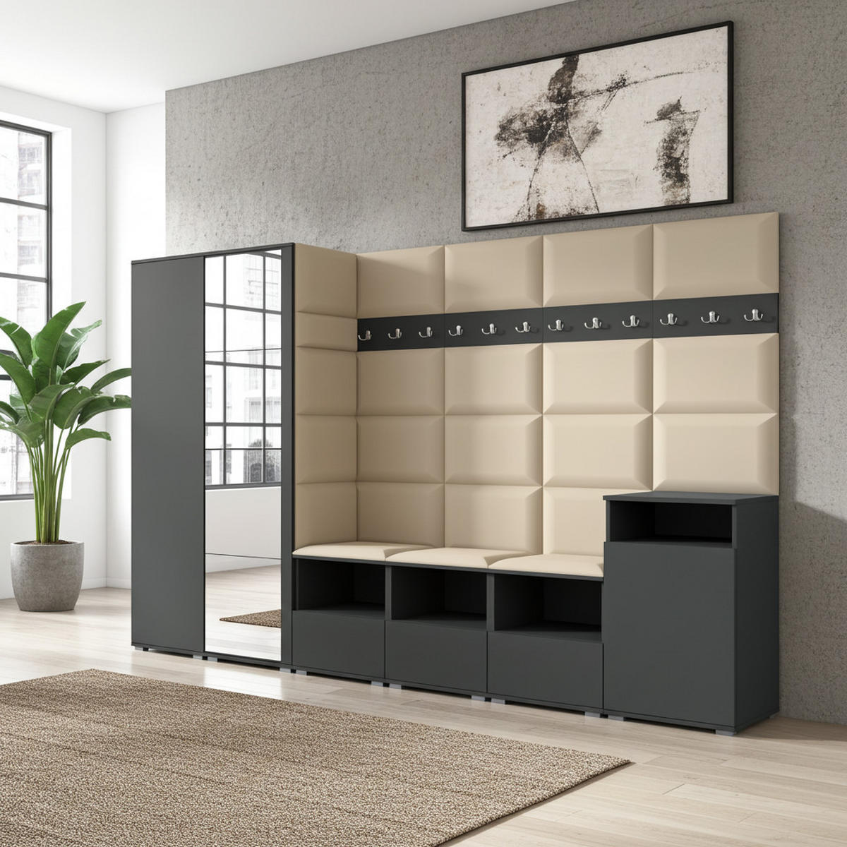GARDEROBE NELA XII 300 cm (Modulare Flurmöbel Graphit mit Spiegel & Sitzpolster Beige 04 Gigantisches Set) - Beige/Silberfarben, Holz/Holzwerkstoff (300/187/40cm) - Ravio
