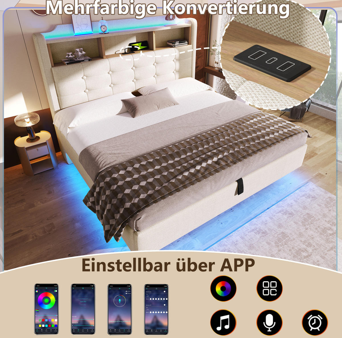 POLSTERBETT 140/200 cm mit LED-Lichtleiste, USB- und Typ-C-Anschlüssen, hydraulischem Stauraum und Staufächern, Beige - Beige, Textil (140/200cm) - Redom