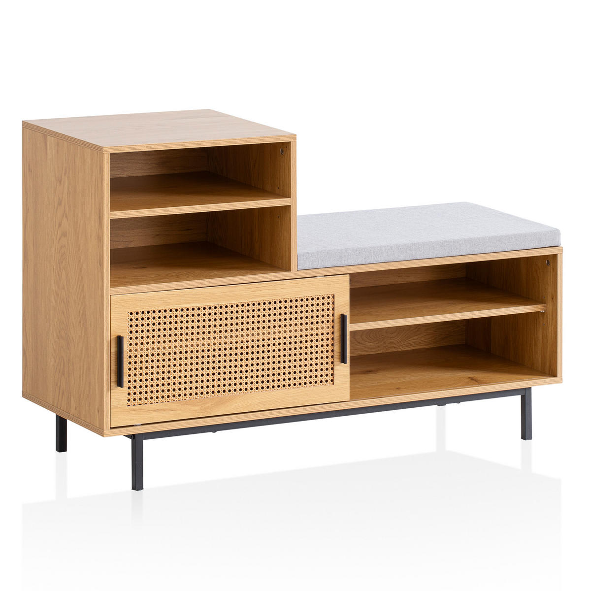 SCHUHBANK – Eiche-Dekor, 120x75,5x40 cm, Rattan-Elemente, Sitzbank gepolstert - Schwarz/Braun, Textil/Metall (120/76/40cm) - KADIMA DESIGN