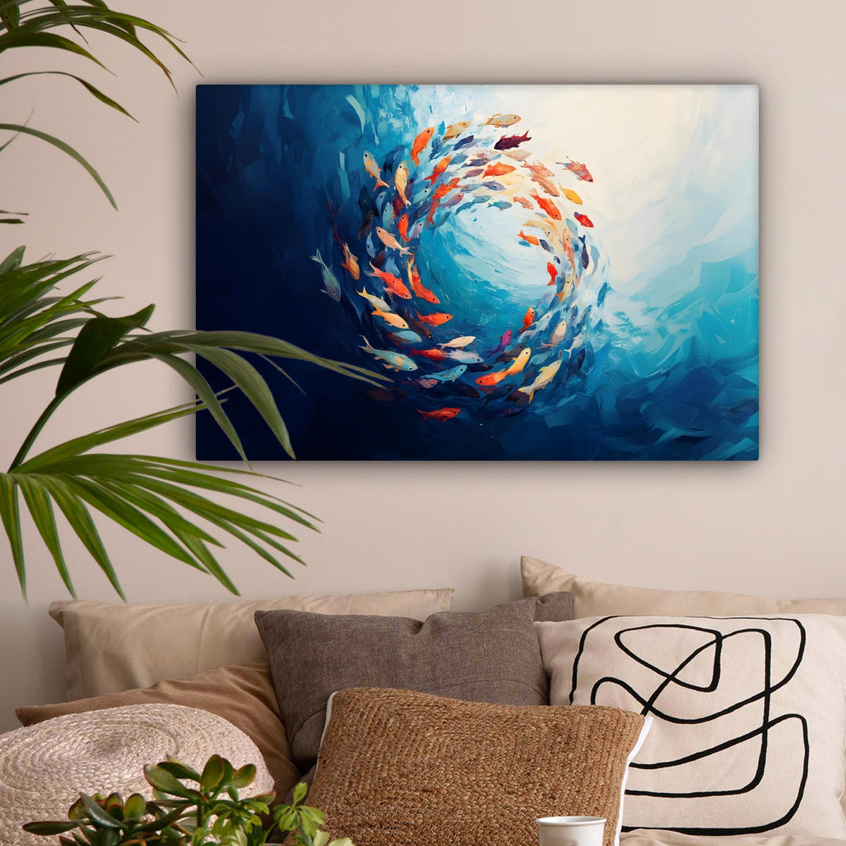 LEINWANDBILD Meer - Fische - Bunt - Dynamisch Gemälde 60x40 cm - Hellblau, Textil (60/40cm) - MuchoWow