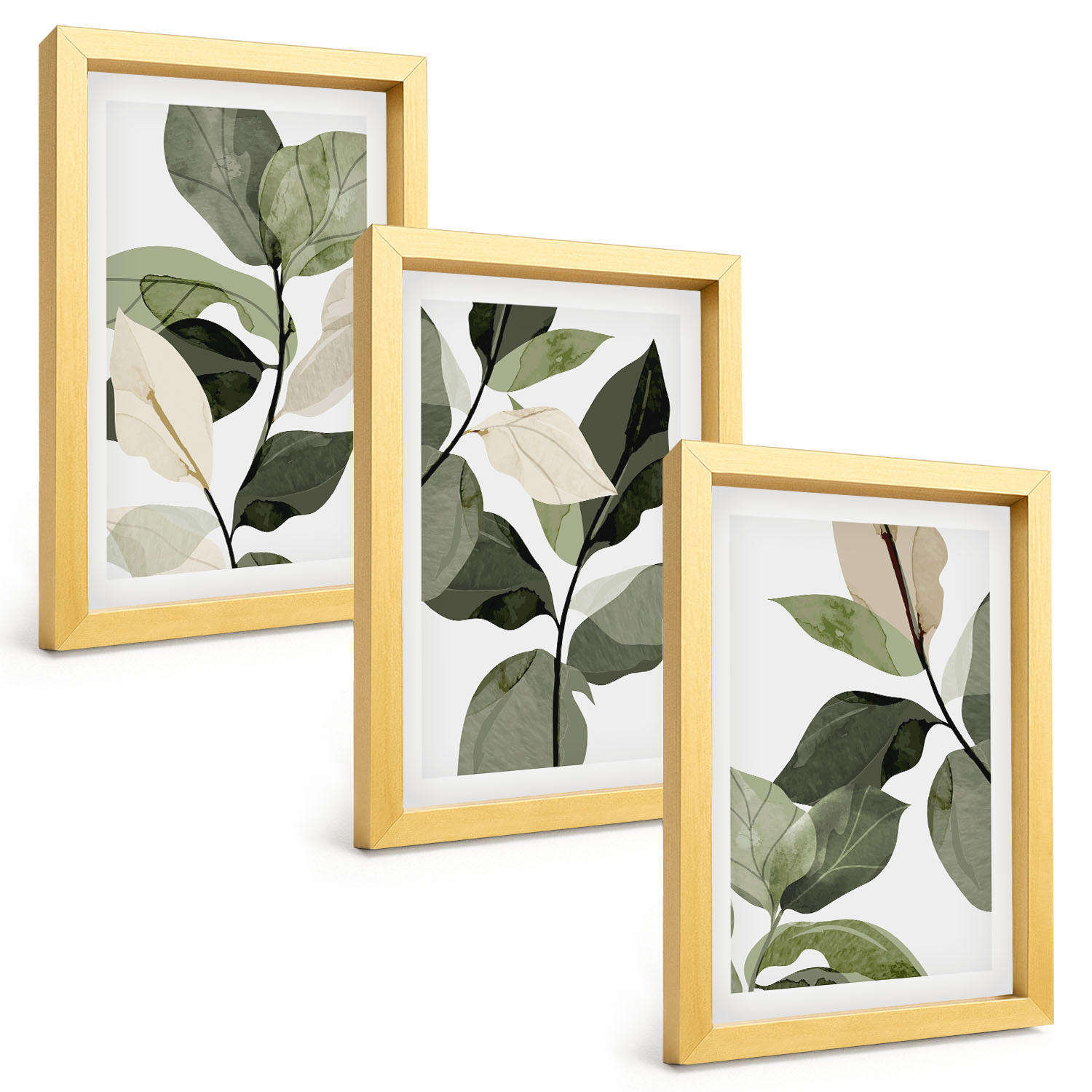 BILDER SET 3er Set - 20x30 cm Goldrahmen - Bemalte Boho-Pflanzenblätter - Goldfarben, Kunststoff (20/30cm) - TULUP
