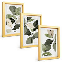BILDER SET 3er Set - 20x30 cm Goldrahmen - Bemalte Boho-Pflanzenblätter - Goldfarben, Kunststoff (20/30cm) - TULUP