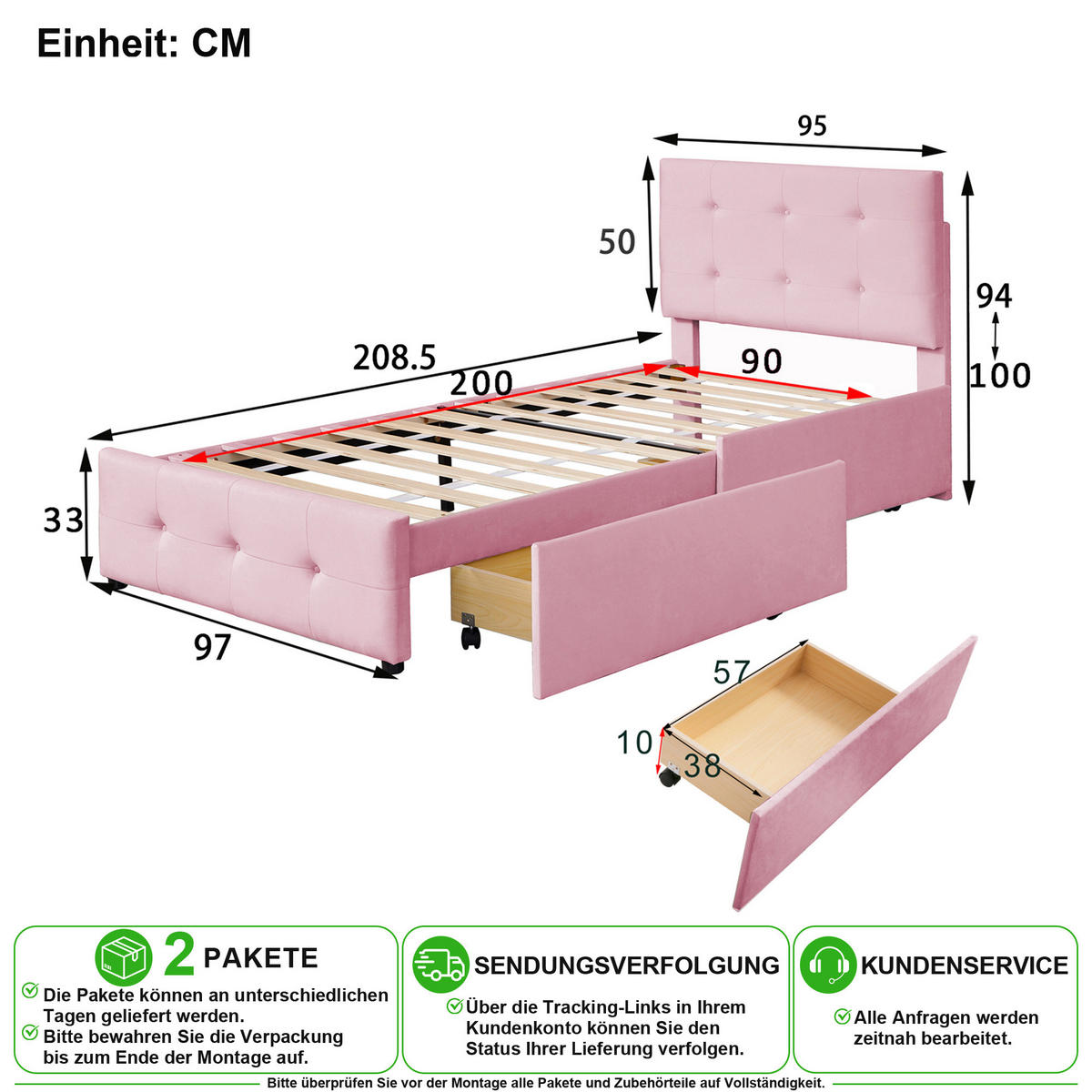 POLSTERBETT 90/200 cm in Rosa mit Schublade Samt - Rosa, Holzwerkstoff/Textil (90/200cm) - CHICFURN