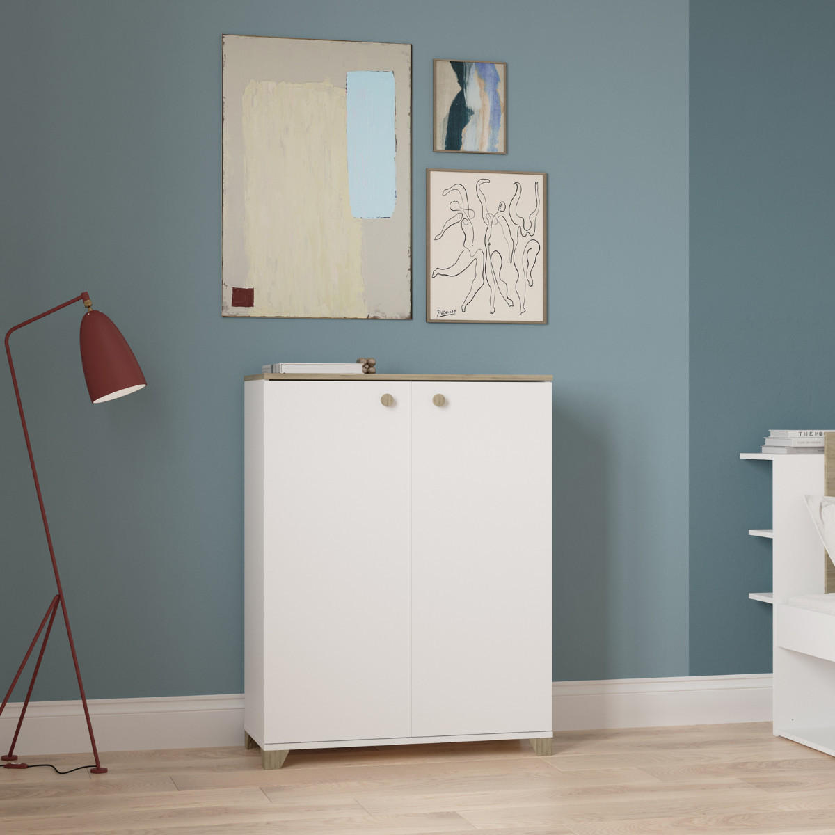 KLEINES Sideboard mit 2 Türen, Dekor Kronberger Eiche und Weiß - L79,7 cm - Apfelbaumfarben, Holzwerkstoff (35.1/104.2/79.7cm) - Calicosy
