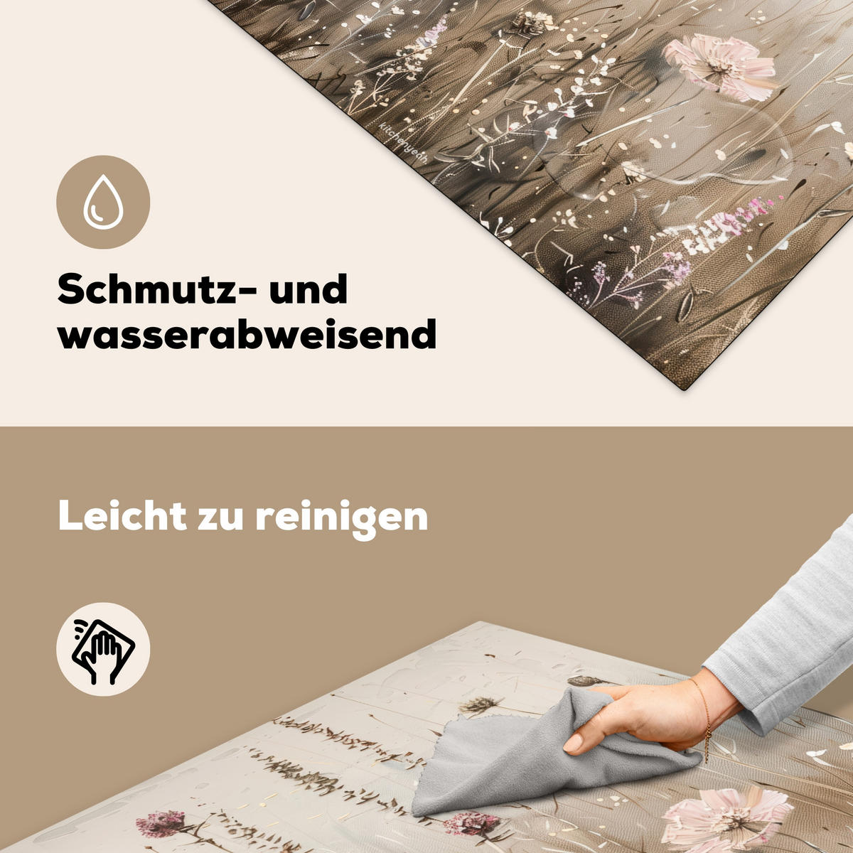 HERDABDECKPLATTE Blumen - Beige - Trockenblumen 78x78 cm - Beige, Kunststoff (78/78/0.2cm) - MuchoWow