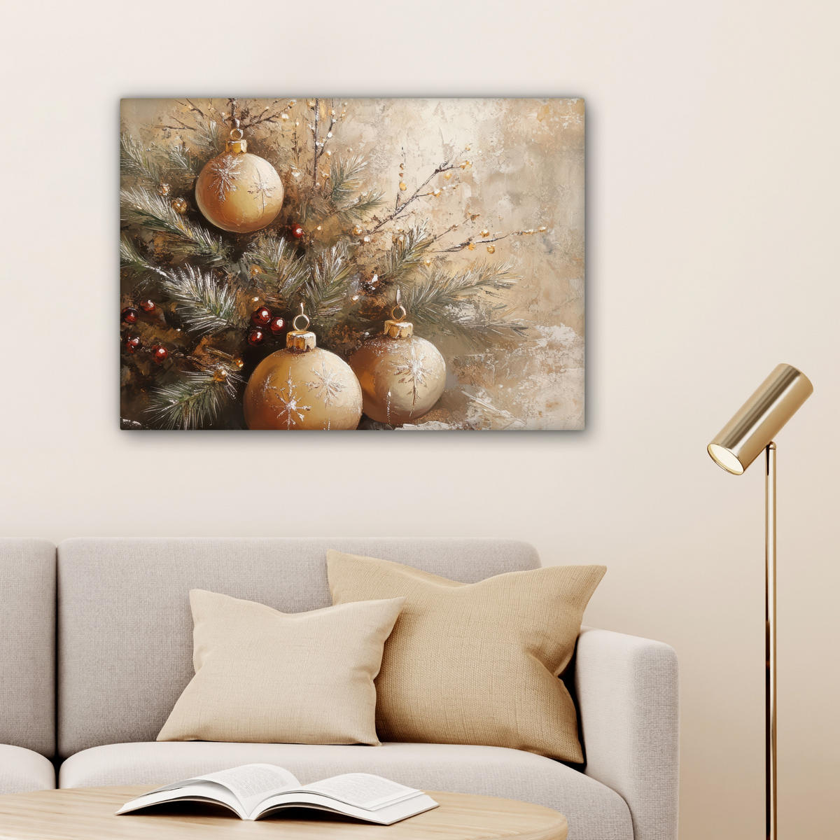 LEINWANDBILD Weihnachten - Kugeln - Beige - Gold Wandbilder 80x60 cm - Goldfarben, Textil (80/60cm) - MuchoWow