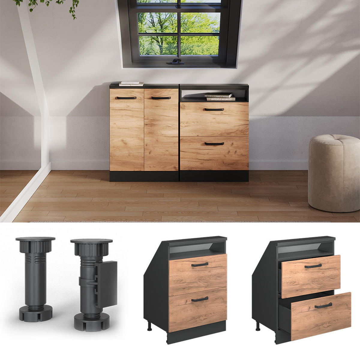 DACHSCHRÄGENSCHRANK Rion Goldkraft Eiche/Anthrazit mit 2 Schubladen - Honigeiche/Anthrazit, Holzwerkstoff (60/81.6/46cm) - Vicco