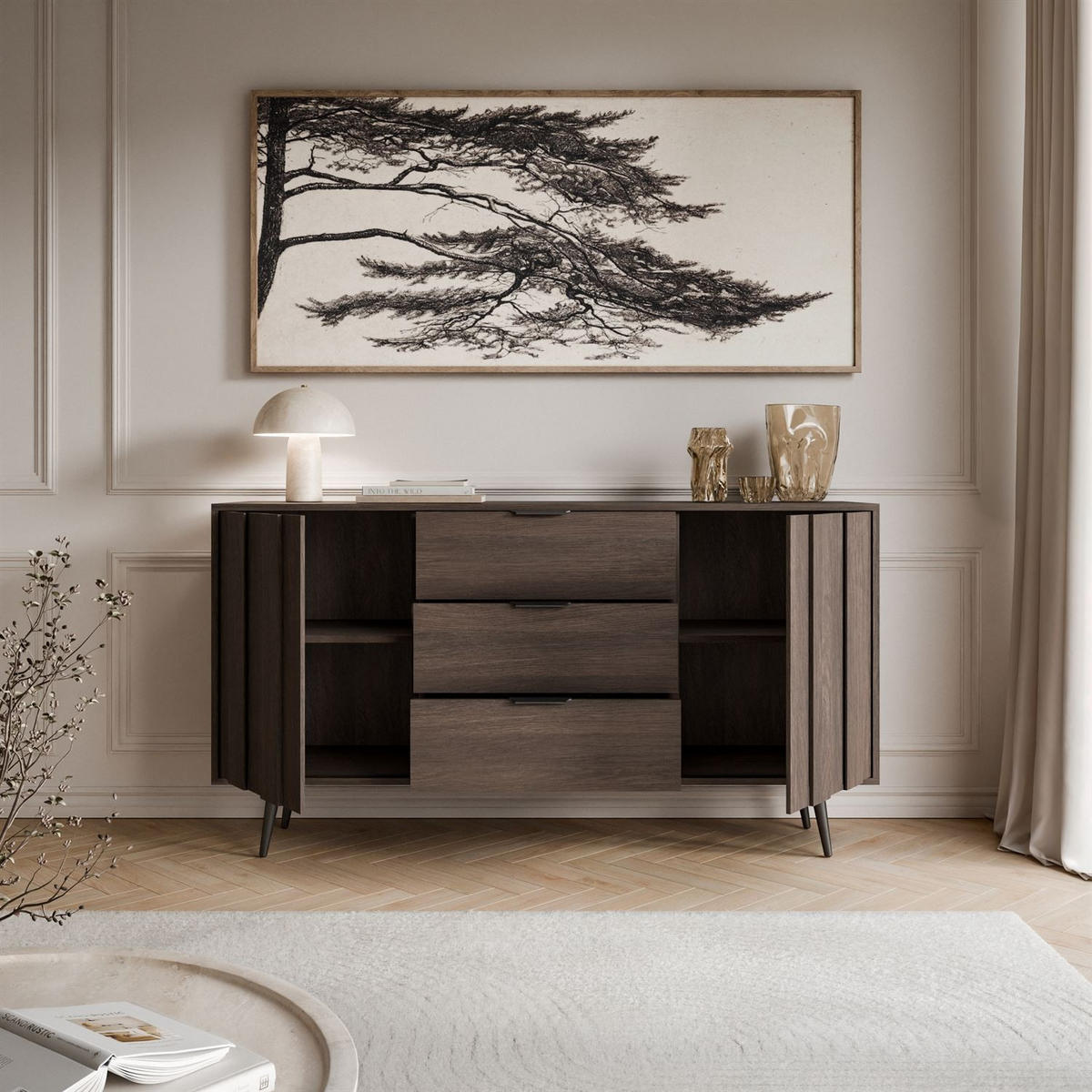 KOMMODE ALMA 2D3S mit LED-Beleuchtung - Eichefarben/Schwarz, Holzwerkstoff (183/88/40cm) - Lookway