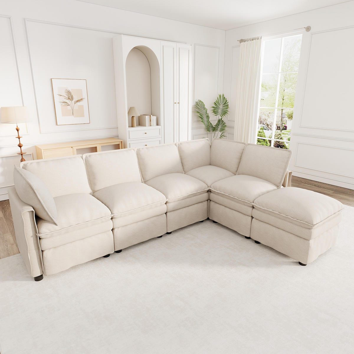 ECKSOFA DE-33261 XXL modular U-/L-Form mit Hocker Beige - Beige, Holzwerkstoff (344/127cm) - ComfortXL