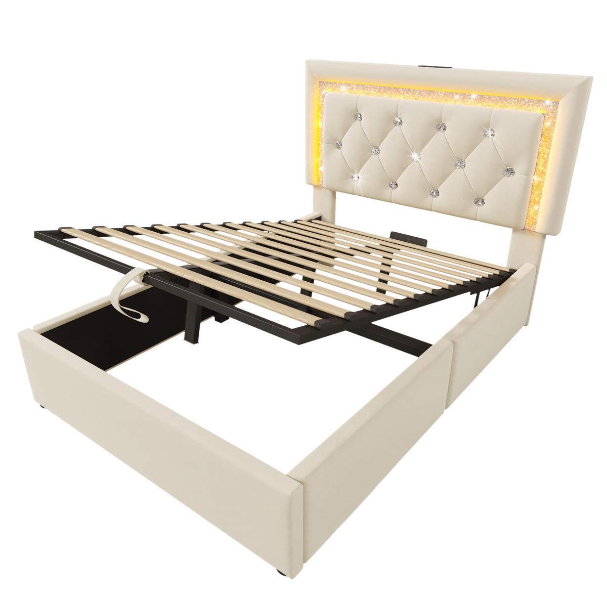 POLSTERBETT 90/200 cm mit LED-Beleuchtung, USB- und Type-C-Anschluss, hydraulischem Bettkasten, Samtbezug, Beige - Beige, Textil (90/200cm) - Redom