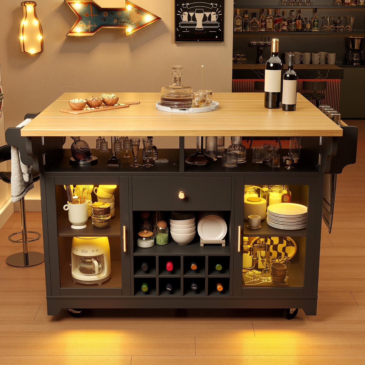 KÜCHENINSEL BEIDSEITIG AUSKLAPPBAR, Mit RGB LED Beleuchtung, 120/80/95 cm - Schwarz, Holzwerkstoff (80/95/120cm) - Rolipo