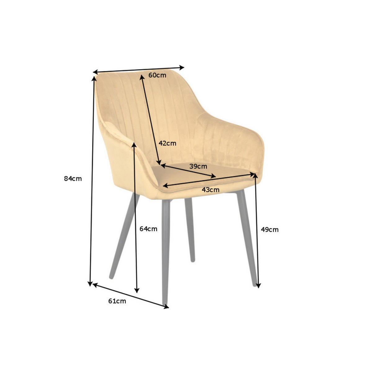 ARMLEHNSTUHL TURIN Samt Senfgelb - Gelb/Schwarz, Textil/Metall (60/84/61cm) - riess-ambiente