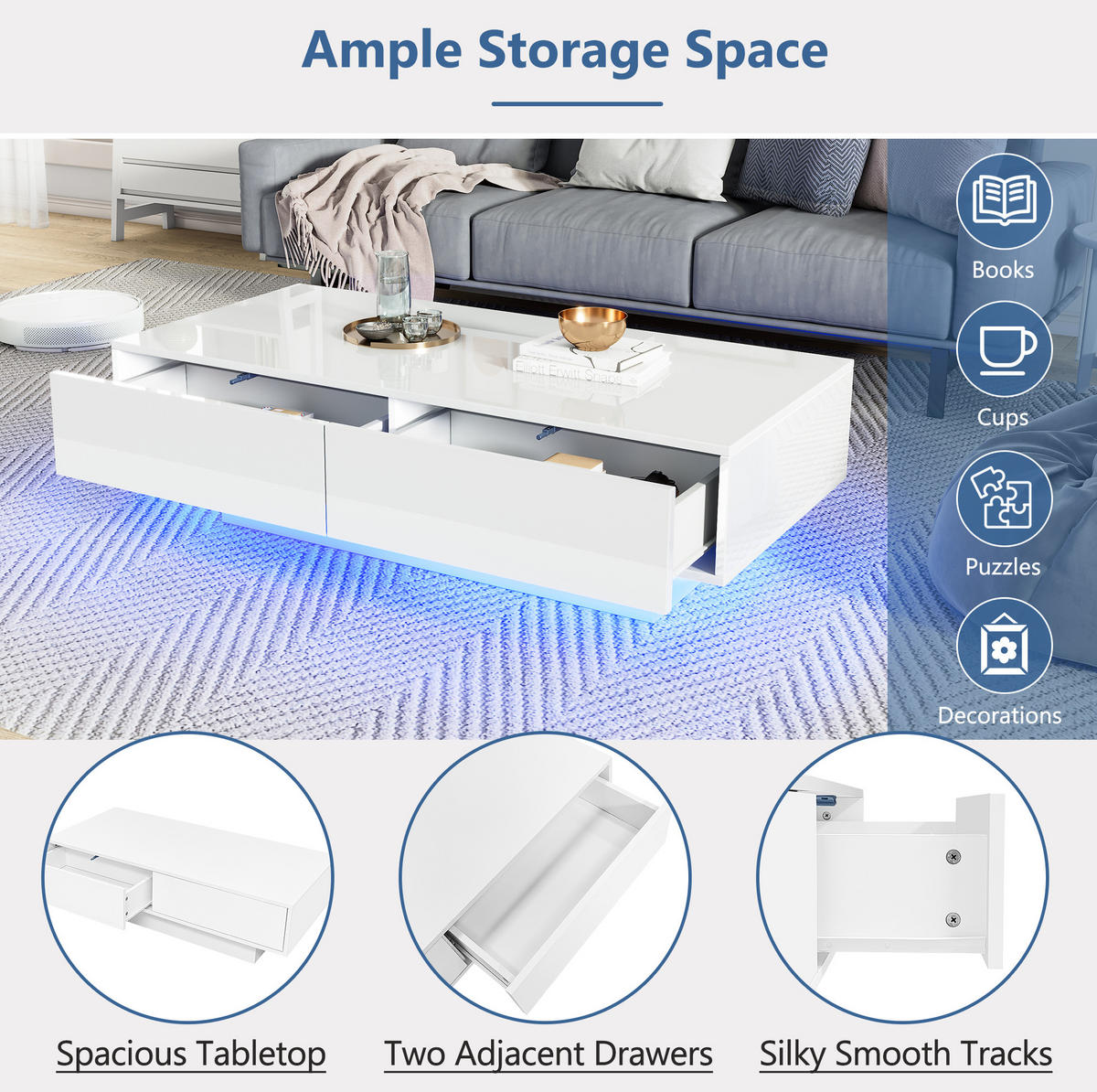 COUCHTISCH 115/55/34 cm in Weiß aus Spanplatte mit LED-Beleuchtung und 2 Schubladen - Weiß, Holzwerkstoff (115/55/34cm) - OKMYHOME