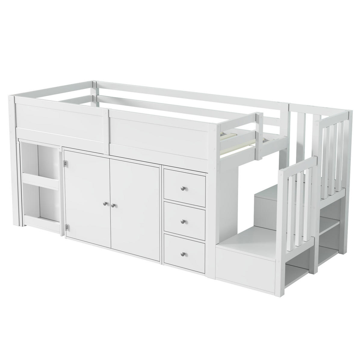 HOCHBETT 90/200 cm mit ausziehbarem Schreibtisch, Schrank, Schubladen und Treppenschrank aus MDF, Weiß - Weiß, Holzwerkstoff (90/200cm) - Redom
