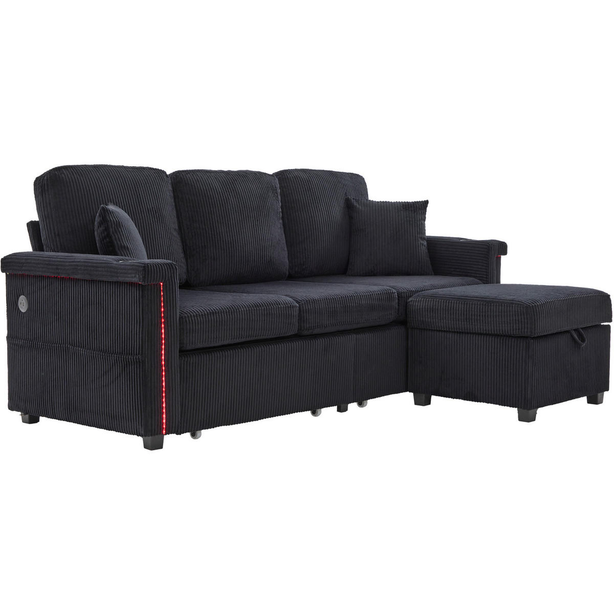 ECKSOFA 194/73/81 cm Schwarz mit LED-Beleuchtung, Stauraum-Fußteil, 2 Schubladen, Getränkehaltern und Seitentaschen - Schwarz, Textil (194/73cm) - Oxeza