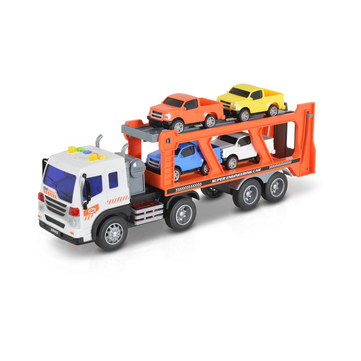SPIELZEUG AUTOTRANSPORTER Autotransporter WY572A orange 1:16, Soundfunktion, Ladefläche, 4 Autos, Kunststoff, Autotransporter - Orange, Kunststoff (9/13/38cm) - Moni
