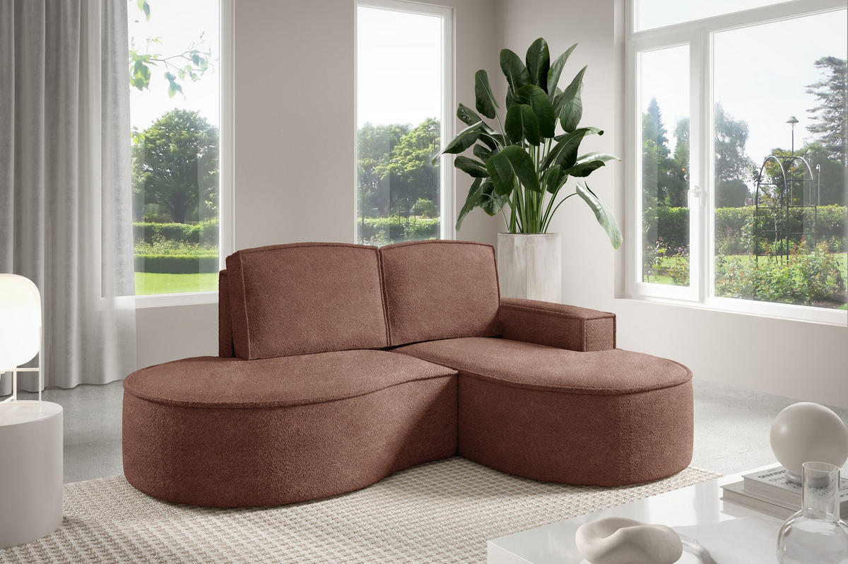 ECKSOFA MOLLY – Halbkreisförmig, Abriamo-Bouclé, Lose Kissen, Bouclé-Bezug, 210x157x88 cm, Rechts, Braun - Mokka, Holz/Textil (210/157cm) - DomoHome