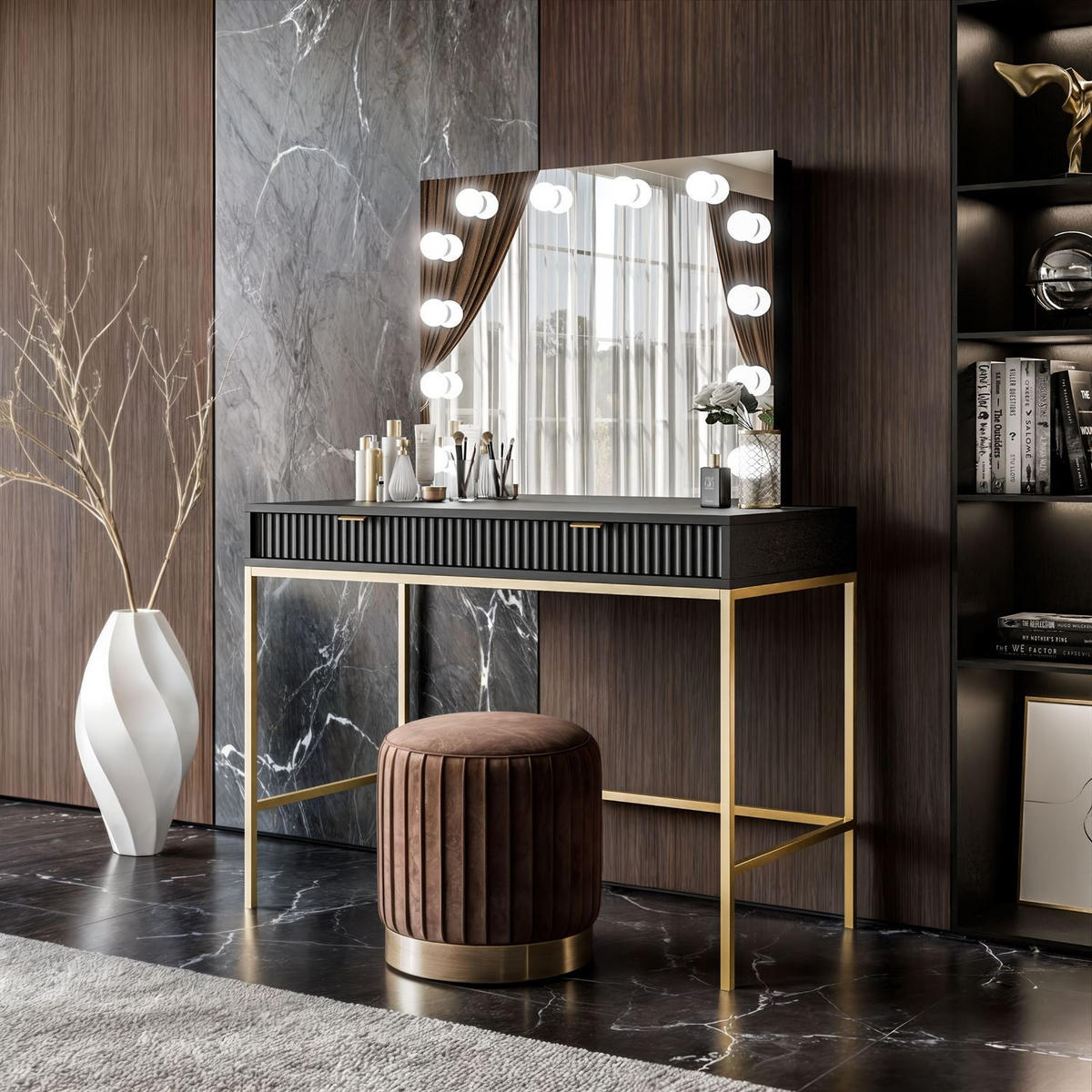 SCHMINKTISCH MIT SPIEGEL CORTADO ELITE GOLD SCHWARZ - Schwarz, Holzwerkstoff (104/78/50cm) - Lookway