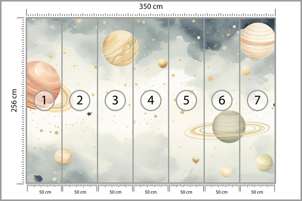 FOTOTAPETE für Kinderzimmer Pastell Planeten Saturn Uran Sterne 350x256 - Blau/Ecru, Papier (350/256cm) - Muralo