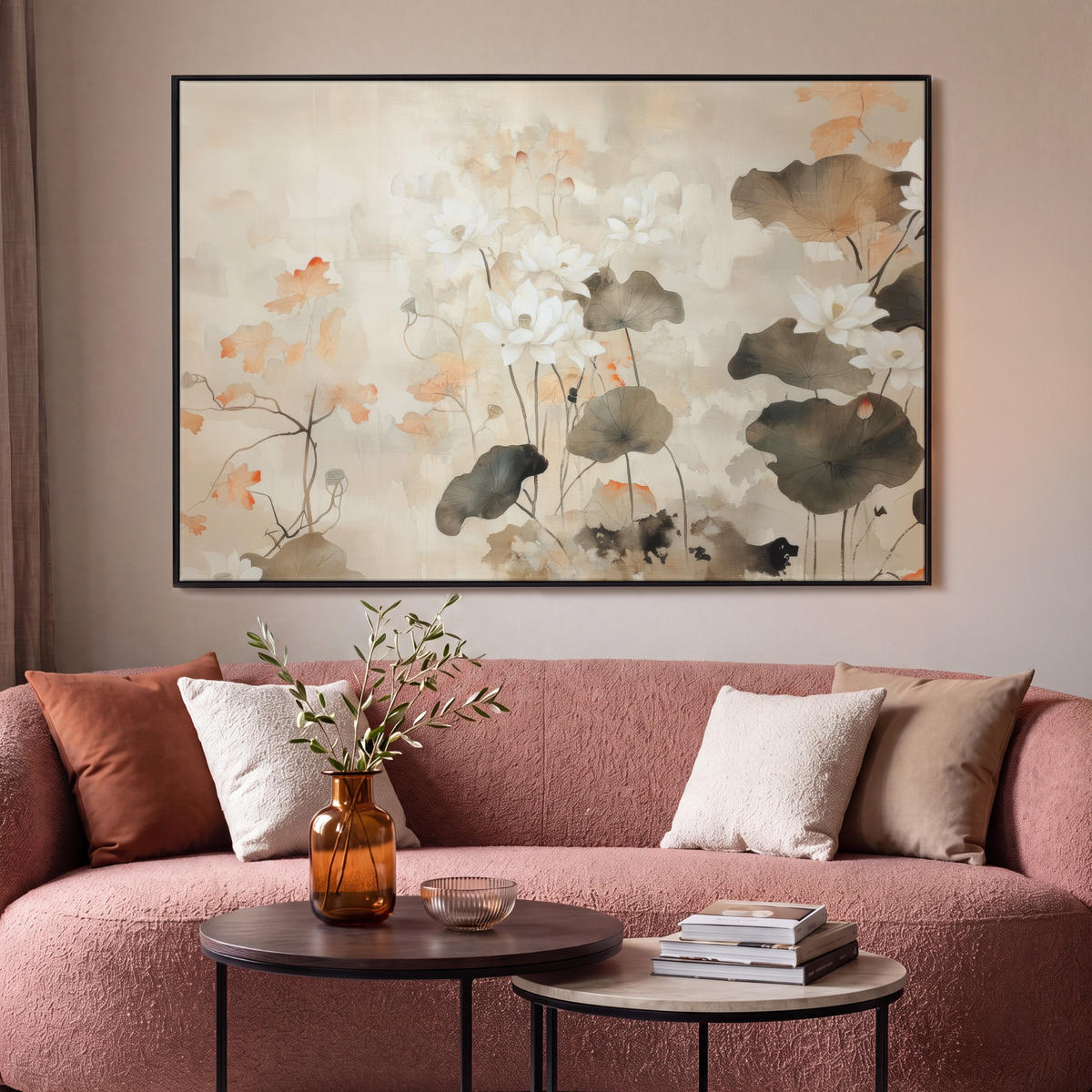 LEINWAND Bilder mit Rahmen - Blumen - Japandi - Wabi sabi - 140x90 - Sandfarben, Textil (140/90cm) - MuchoWow