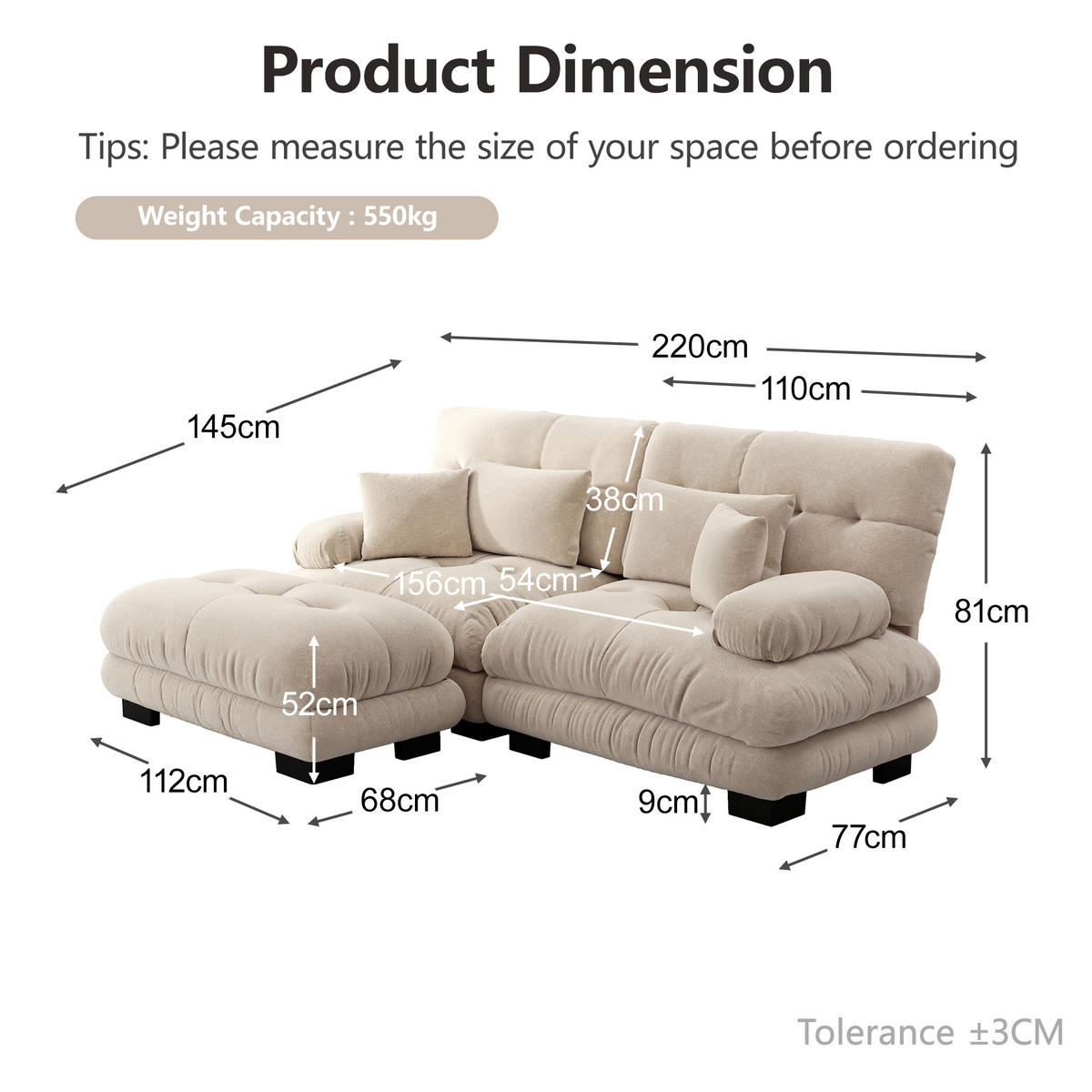 SCHLAFSOFA mit Ottoman, 2 Lendenkissen und 2 Dekokissen in Hellbraun - Cappuccino, Textil (220/81/145cm) - EVRYAE