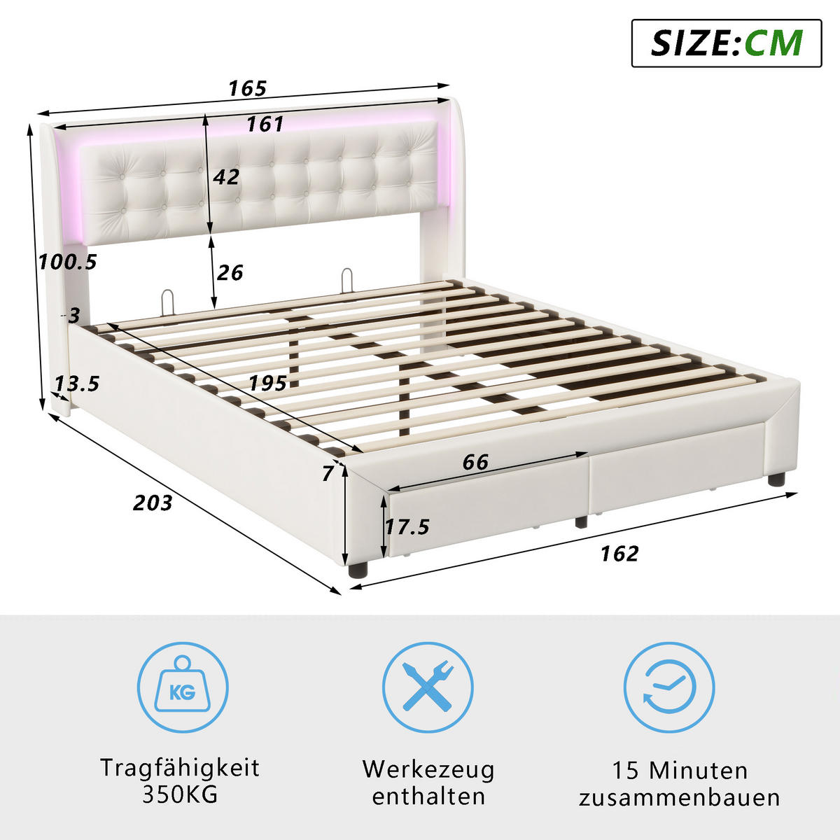 STAURAUMBETT 160x200 cm, Ambiente-LED-Beleuchtung, Stauraum unterm Bett und 2 Schubladen am Bettfuß, Samtstoff, Beige - Beige, Holz/Textil (160/200cm) - BRILVERDE
