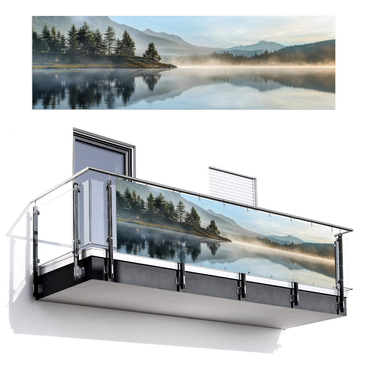 BALKON-SICHTSCHUTZ See - Nebel - Berge - Landschaft - Hellblau, Kunststoff (300/90cm) - MuchoWow