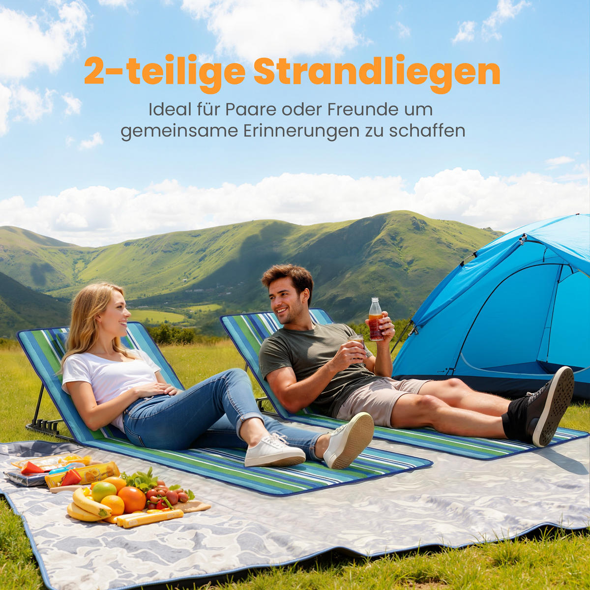 STRANDLIEGE 2er Set Stahl Oxfordstoff Blau+Grün+Weiß - Multicolor/Schwarz, Textil/Metall (57/52/154cm) - Outsunny