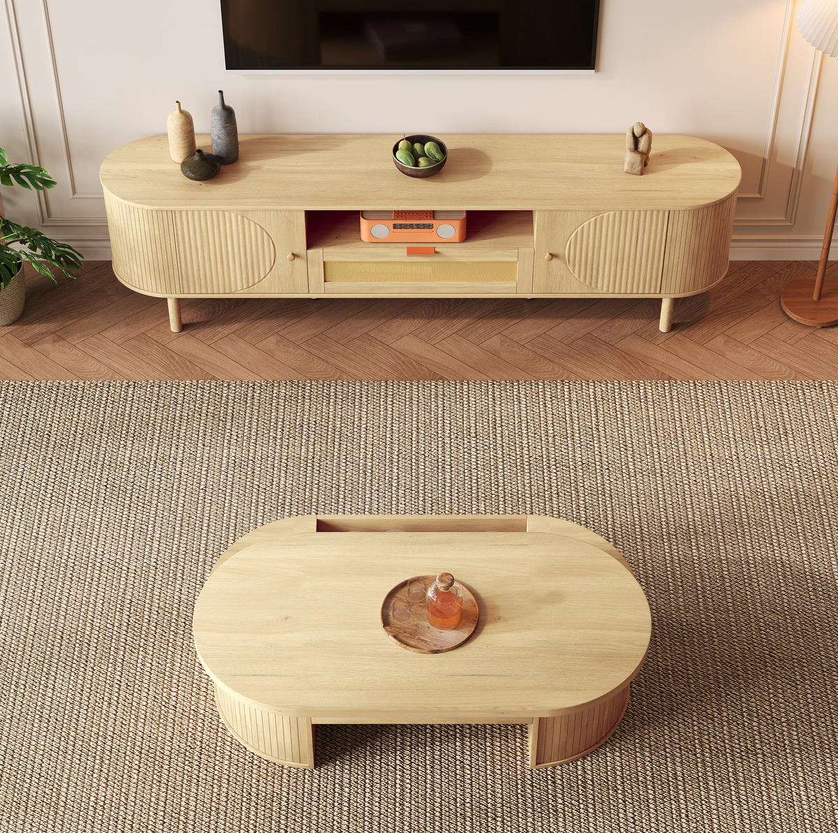 WOHNZIMMERMÖBEL-SET mit höhenverstellbarem Couchtisch und TV-Schrank Natural 2-tlg. - Braun, Holzwerkstoff (36/51/175.1cm) - Beauniv