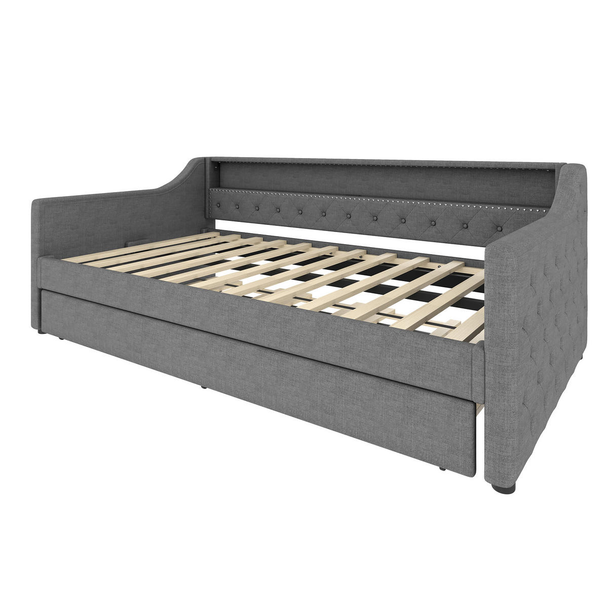 TAGEBETT 90x200cm Grau Leinen LED-Licht Ausziehbett USB - Grau, Holz (90/200cm) - FLIEKS