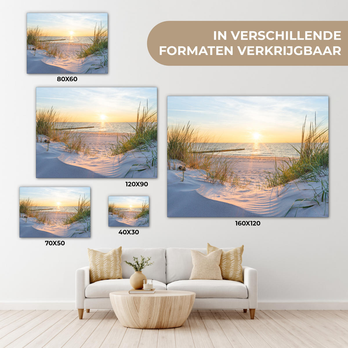 LEINWANDBILD Strand - Sonne - Düne - Gras - Sand - Horizont Wandbild 40x30 cm - Hellblau, Textil (40/30cm) - MuchoWow
