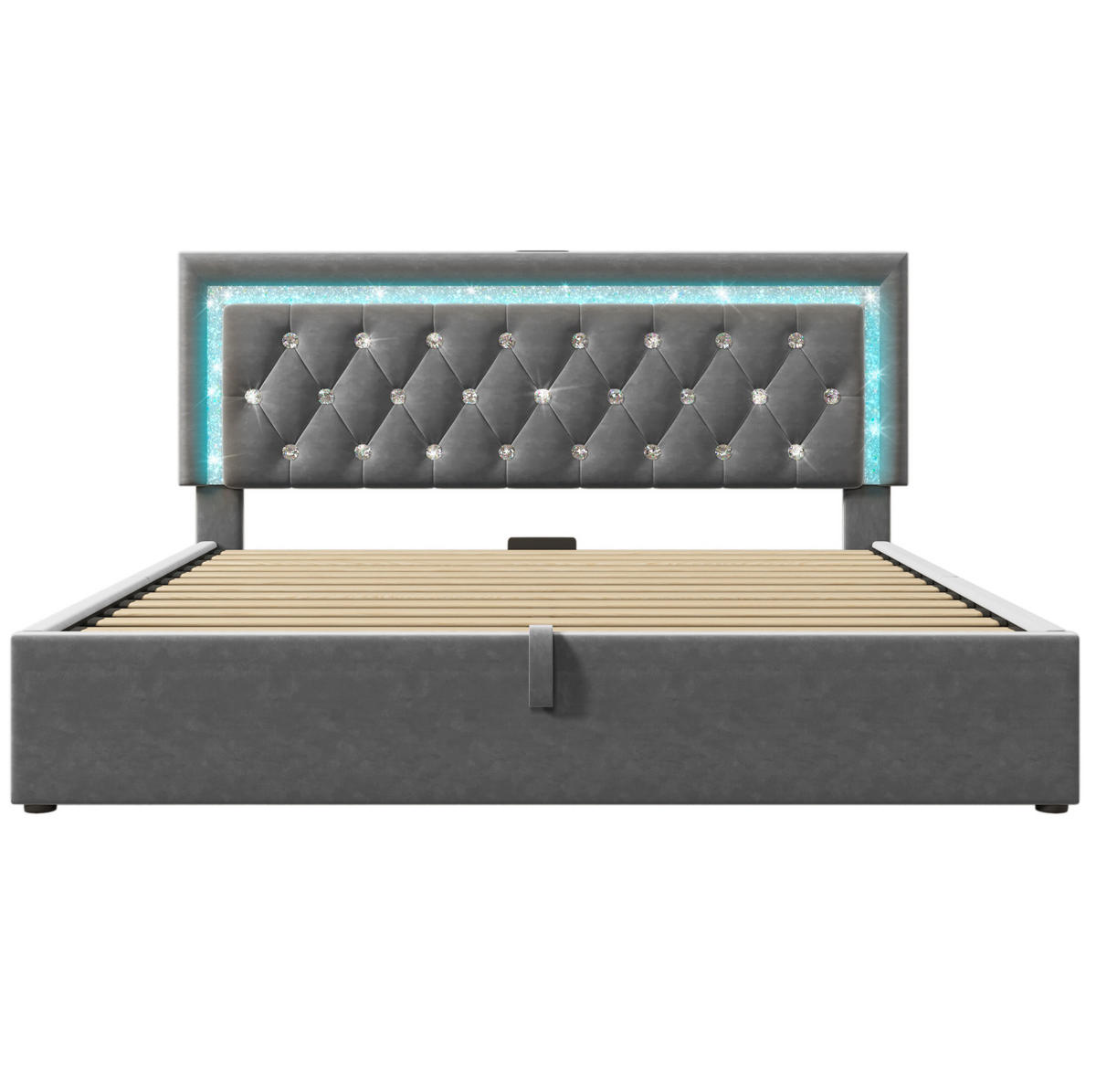 POLSTERBETT aus Samt 160x200 cm Grau mit LED-Beleuchtung, USB- und USB-C-Anschluss sowie Bettkasten - Grau, Textil (160/200cm) - IVMEU