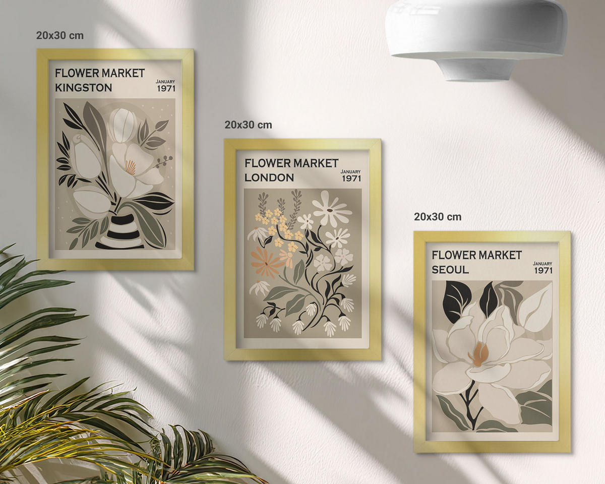 WANDBILDER 3er Set - 20x30 cm Goldrahmen - Retro-Blumen aus Städten rund um die Welt - Goldfarben, Kunststoff (20/30cm) - ArtPrintCave