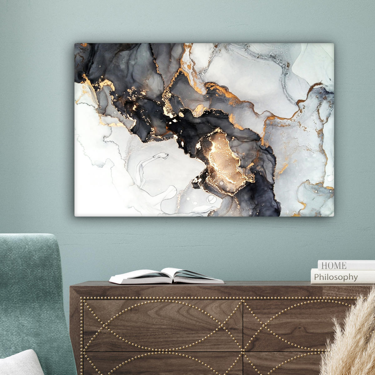 LEINWANDBILD Marmor - Schwarz - Weiß - Gold - Luxus - Abstrakt Wanddeko 90x60 cm - Goldfarben, Textil (90/60cm) - MuchoWow