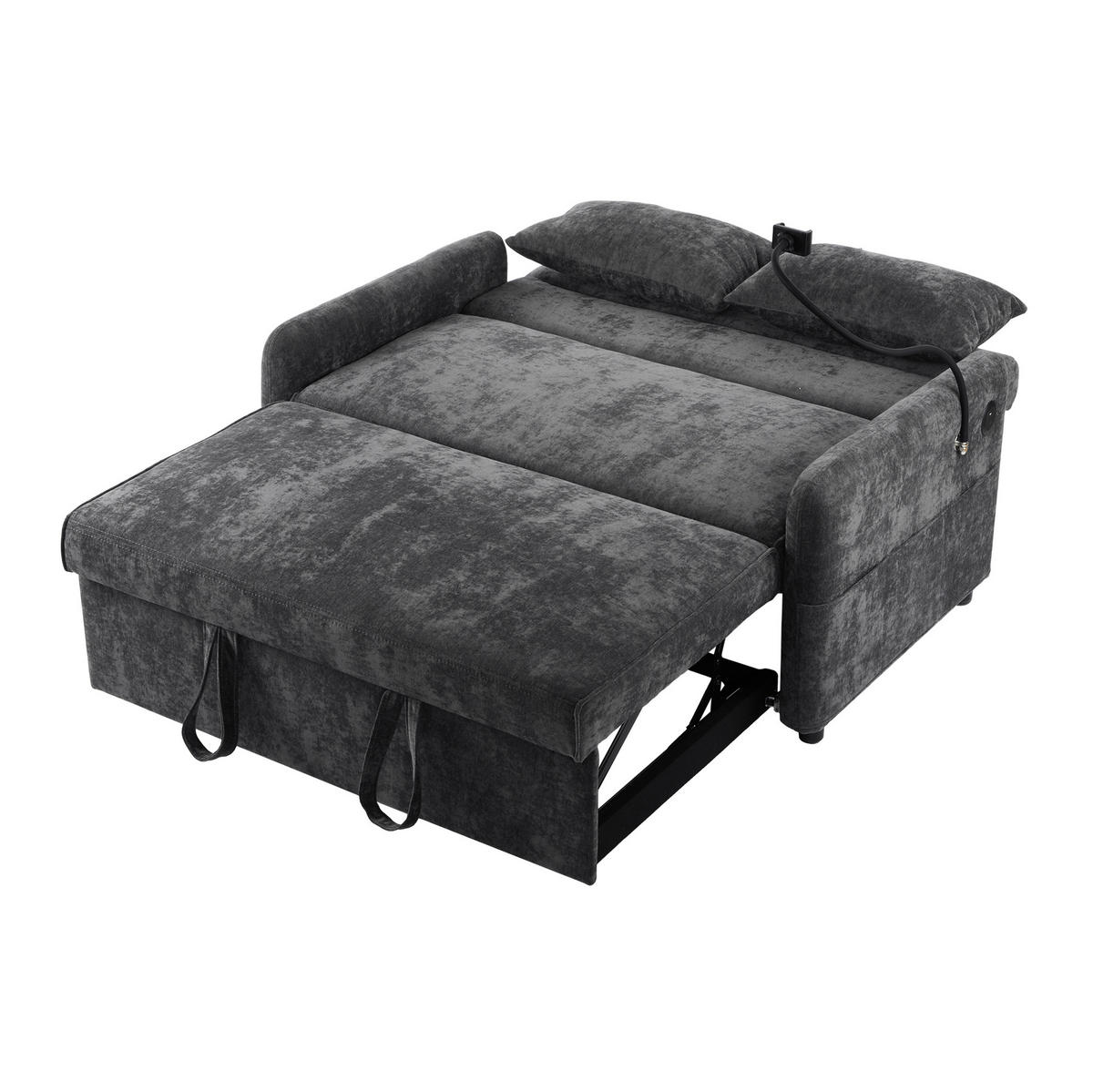 SCHLAFSOFA Doppel mit Schlaffunktion verstellbarer Rückenlehne Handyhalter & USB-Anschluss Grau 129/163/81 cm - Grau, Textil (129/81/76cm) - OKWISH